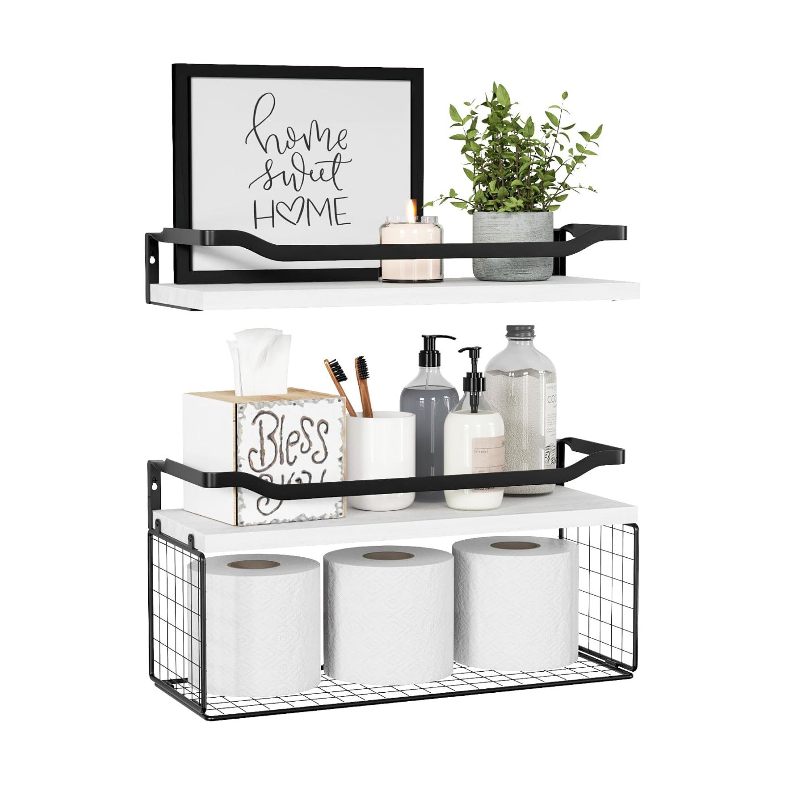 Bathroom Shelves Over Toilet with Protective Metal Guardrail | Floating Shelves with Wire Storage Basket, Wood Wall