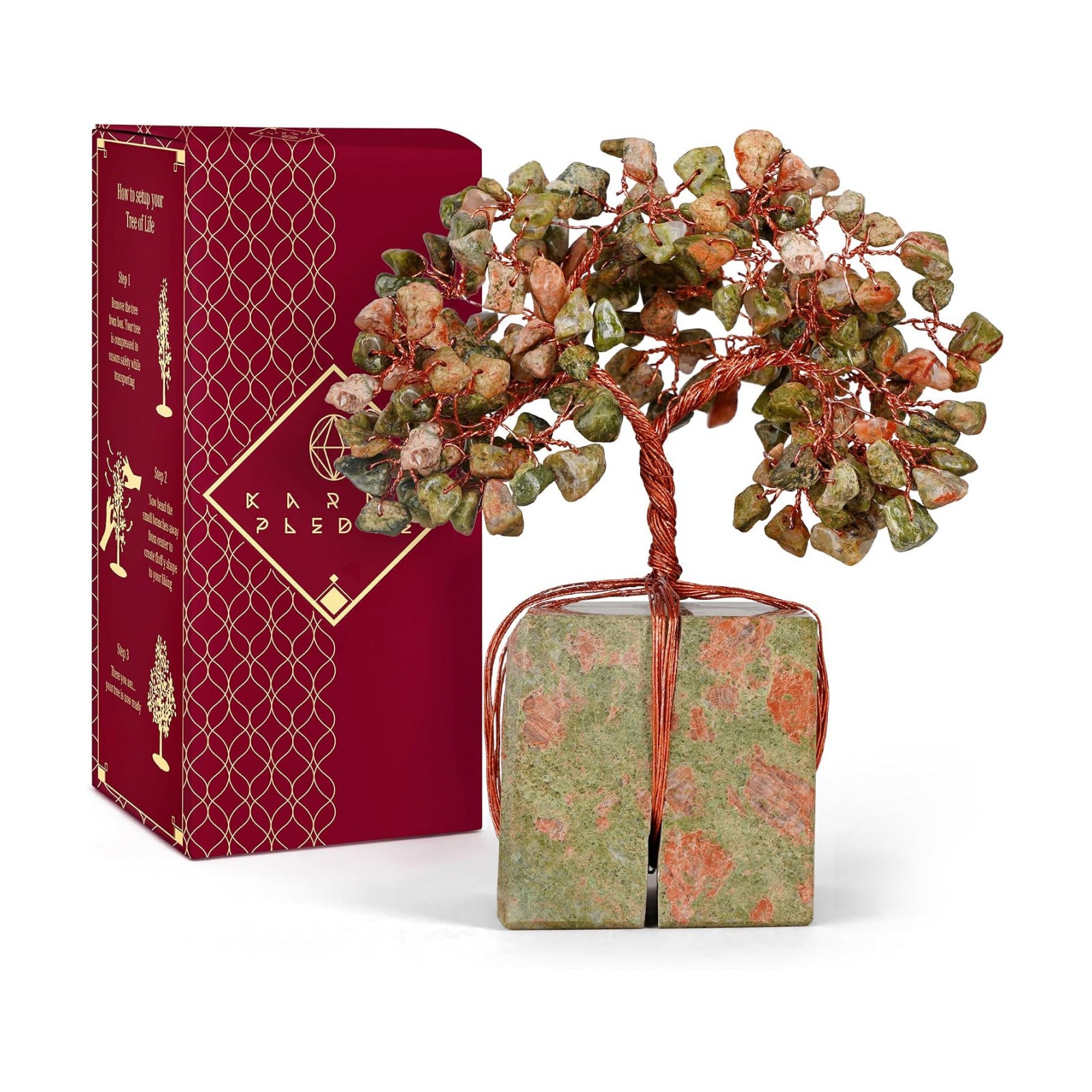 KARMAPLEDGE Chakra Tree of Life for Unique Gifts for Mom, Dad, Home and Office Decor, Handmade Unakite Healing Crystal