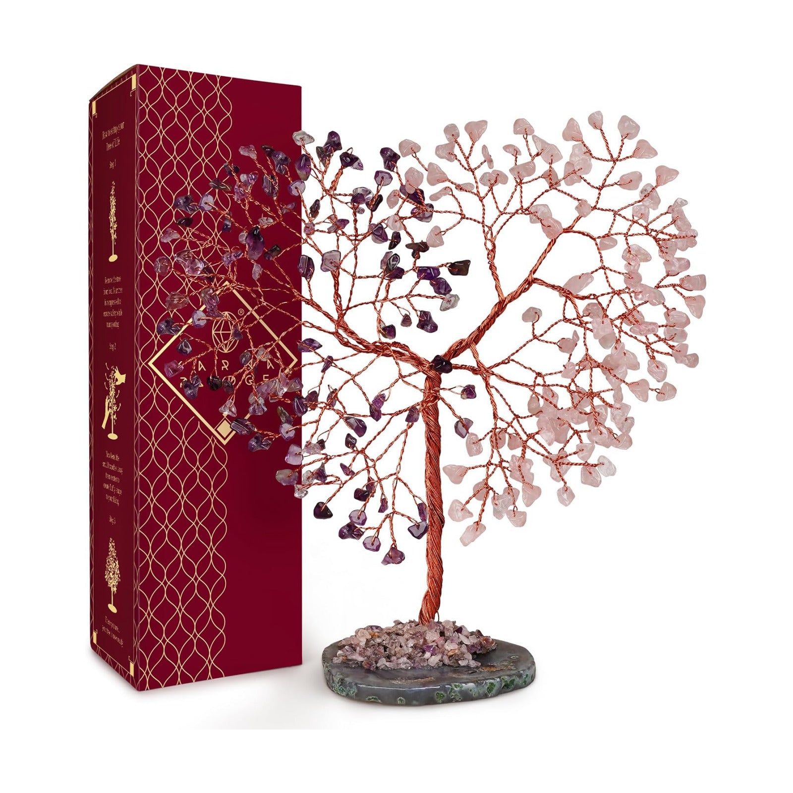 Handmade Healing Crystal Tree of Life Amethyst & Rose Quartz Chakra Tree for Money, Good Luck, Feng Shui Home Decor