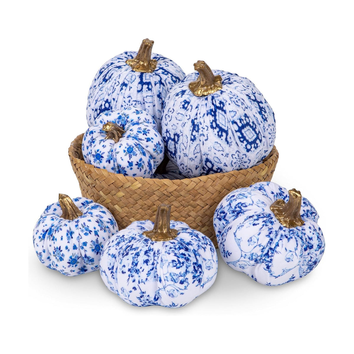 GnFlus Fake Pumpkin Decor 6 Pcs Faux Pumpkins Small Blue and White Velvet Pumpkins Mini Artificial Pumpkin Fall Decorations for Home Table Farmhouse Mantel Halloween Thanksgiving