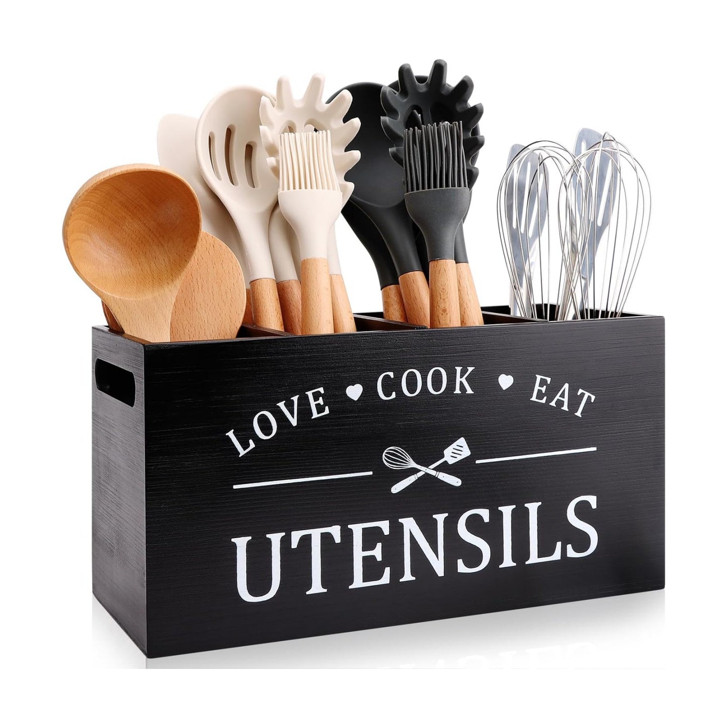 Black Extra Large Wood Cooking Utensil Holder Kitchen Spatula Spoon Holder | Wooden Utensils Caddy for Kitchen