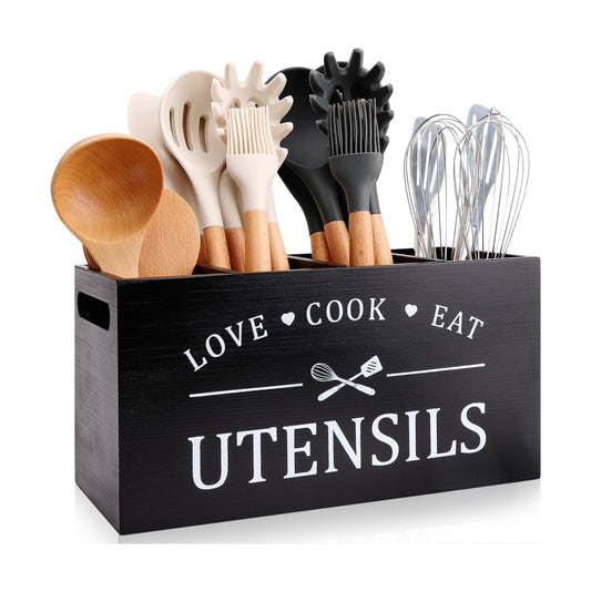 Black Extra Large Wood Cooking Utensil Holder Kitchen Spatula Spoon Holder | Wooden Utensils Caddy for Kitchen