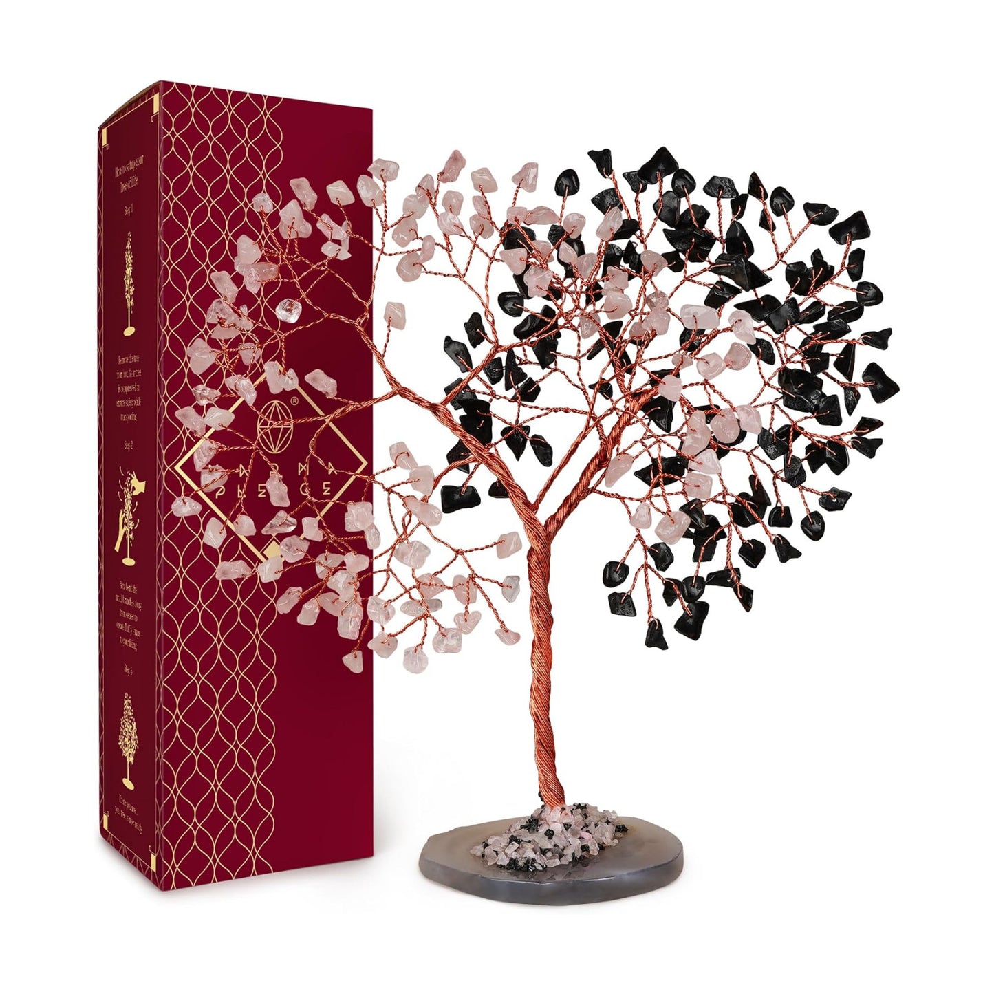 Handmade Healing Crystal Tree of Life Black Obsidian & Rose Quartz Chakra Tree for Money, Good Luck, Feng Shui Home