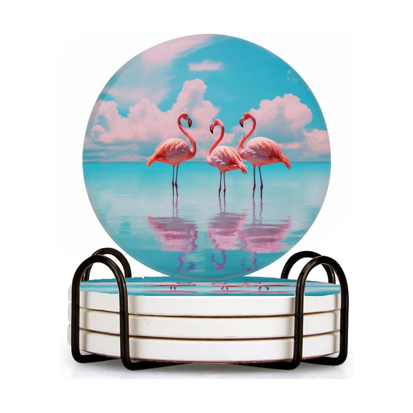 Holder / Flamingo Print Ceramic Coasters / 4 In / Color1861 / Set of 4