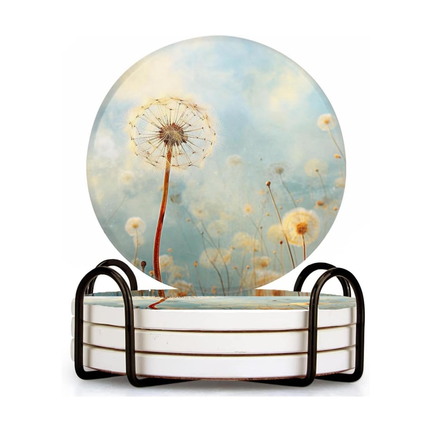 Spring Floral Dandelion Flower Style Ceramic Coasters / 4 In / Color0509 / White / Set of 4