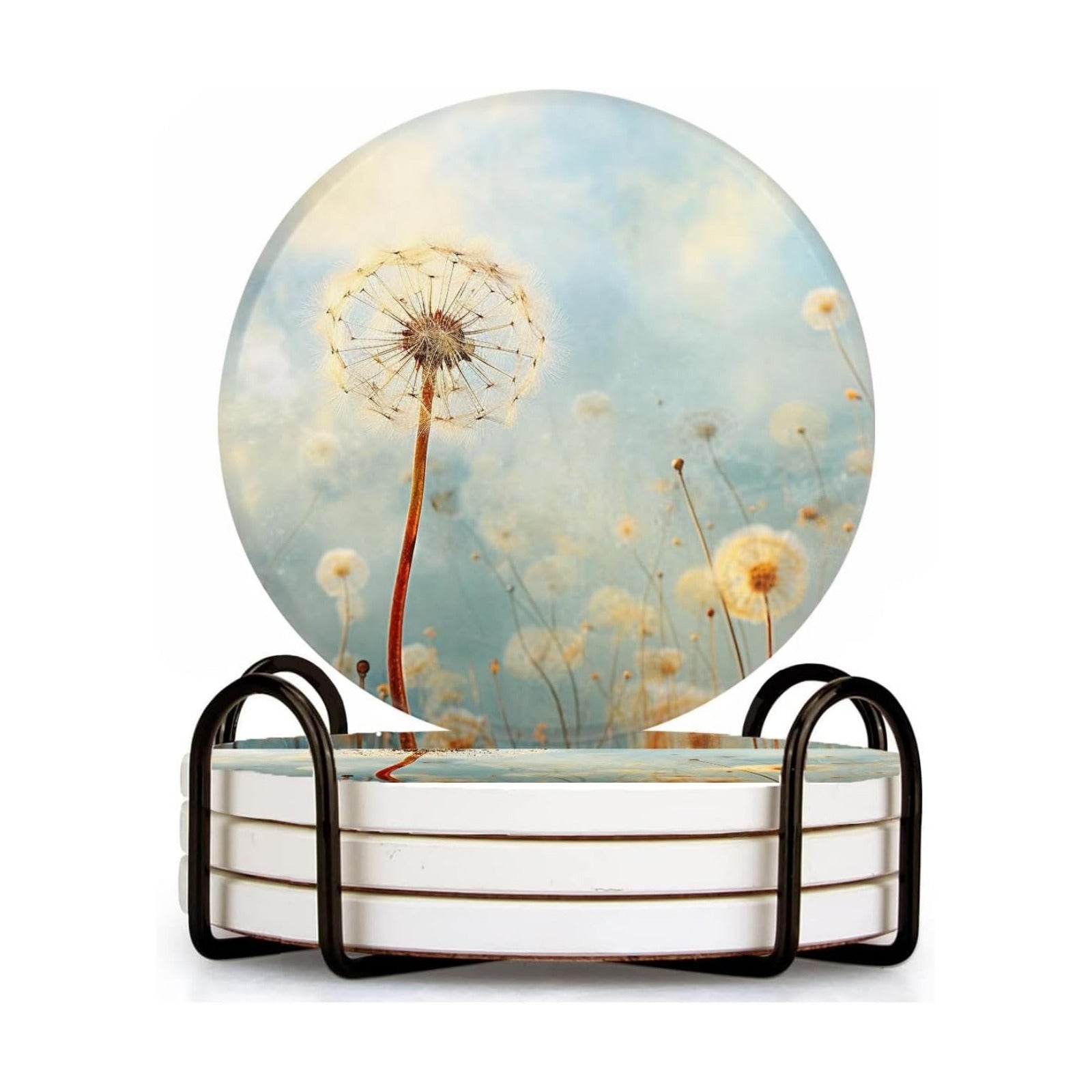 Spring Floral Dandelion Flower Style Ceramic Coasters / 4 In / Color0509 / White / Set of 4