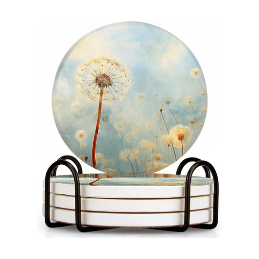 Spring Floral Dandelion Flower Style Ceramic Coasters / 4 In / Color0509 / White / Set of 4