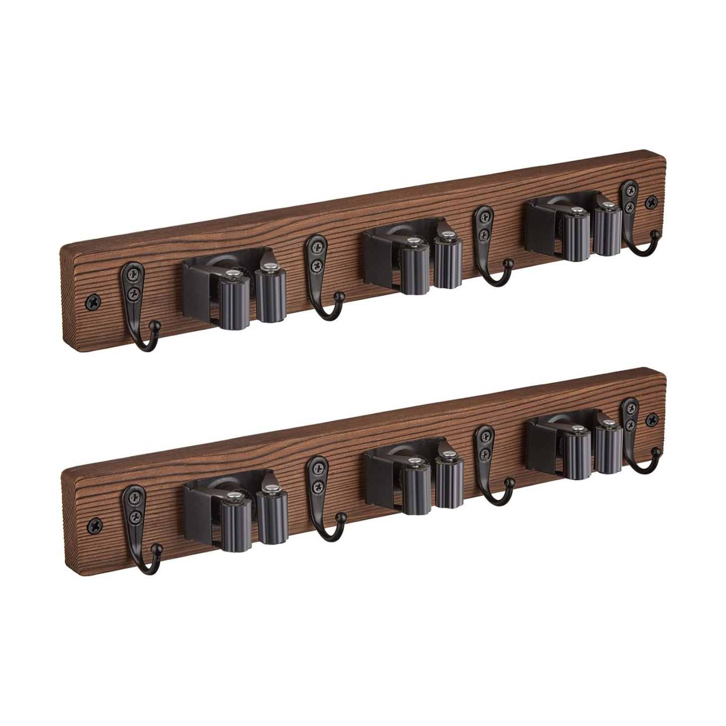 OUTNILI 2 Pack Mop Broom Holder Wall Mount with 3 Slots & 4 Hooks - Rustic Wood Broom Mop Hanger for Pantry Kitchen