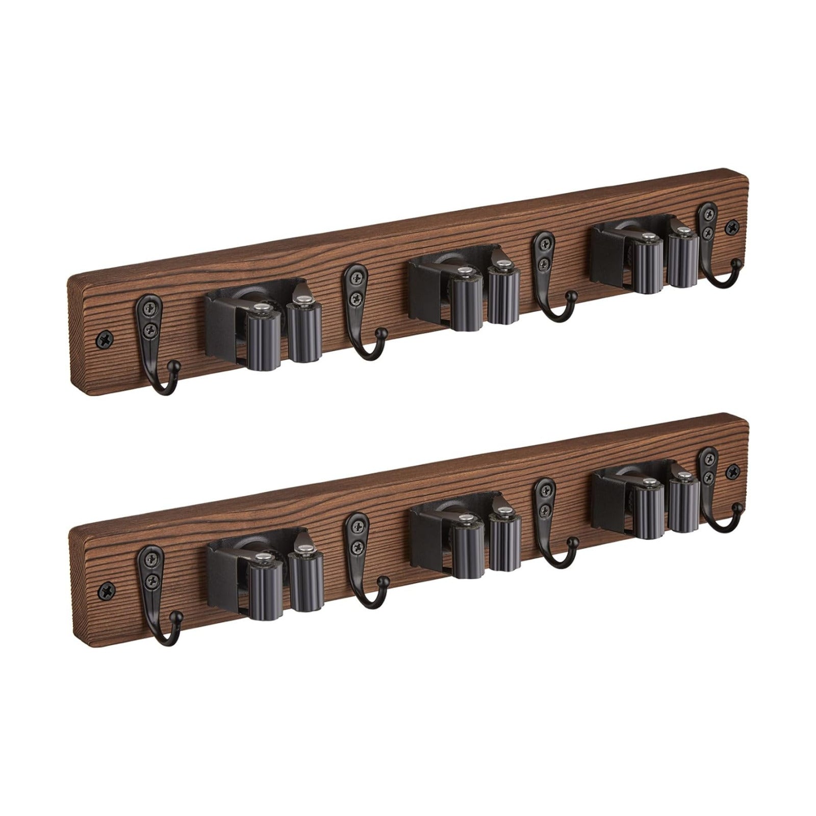 OUTNILI 2 Pack Mop Broom Holder Wall Mount with 3 Slots & 4 Hooks - Rustic Wood Broom Mop Hanger for Pantry Kitchen