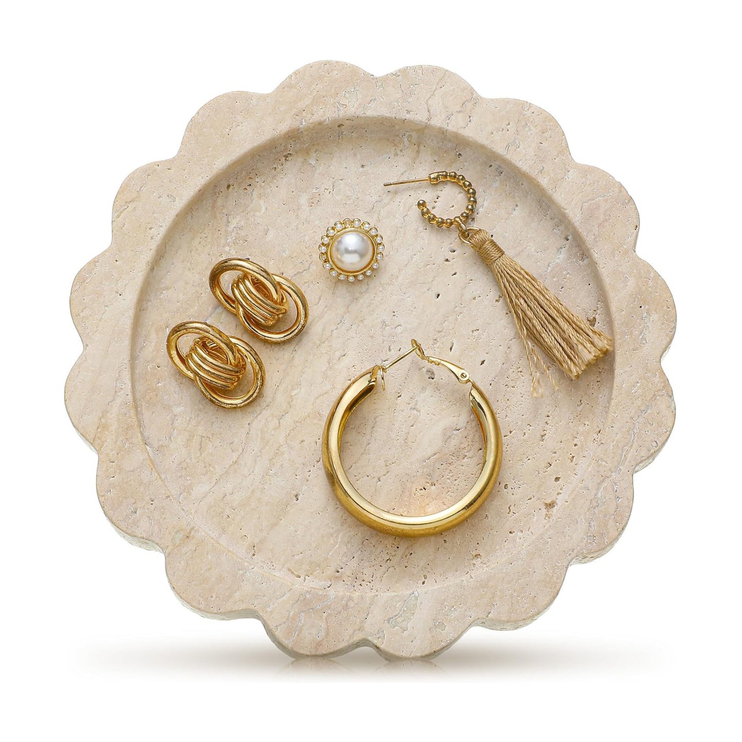 Small Travertine Stone Tray Marble Jewelry Dish Trinket Tray for Women / Round,scallop / 5.5 Inch