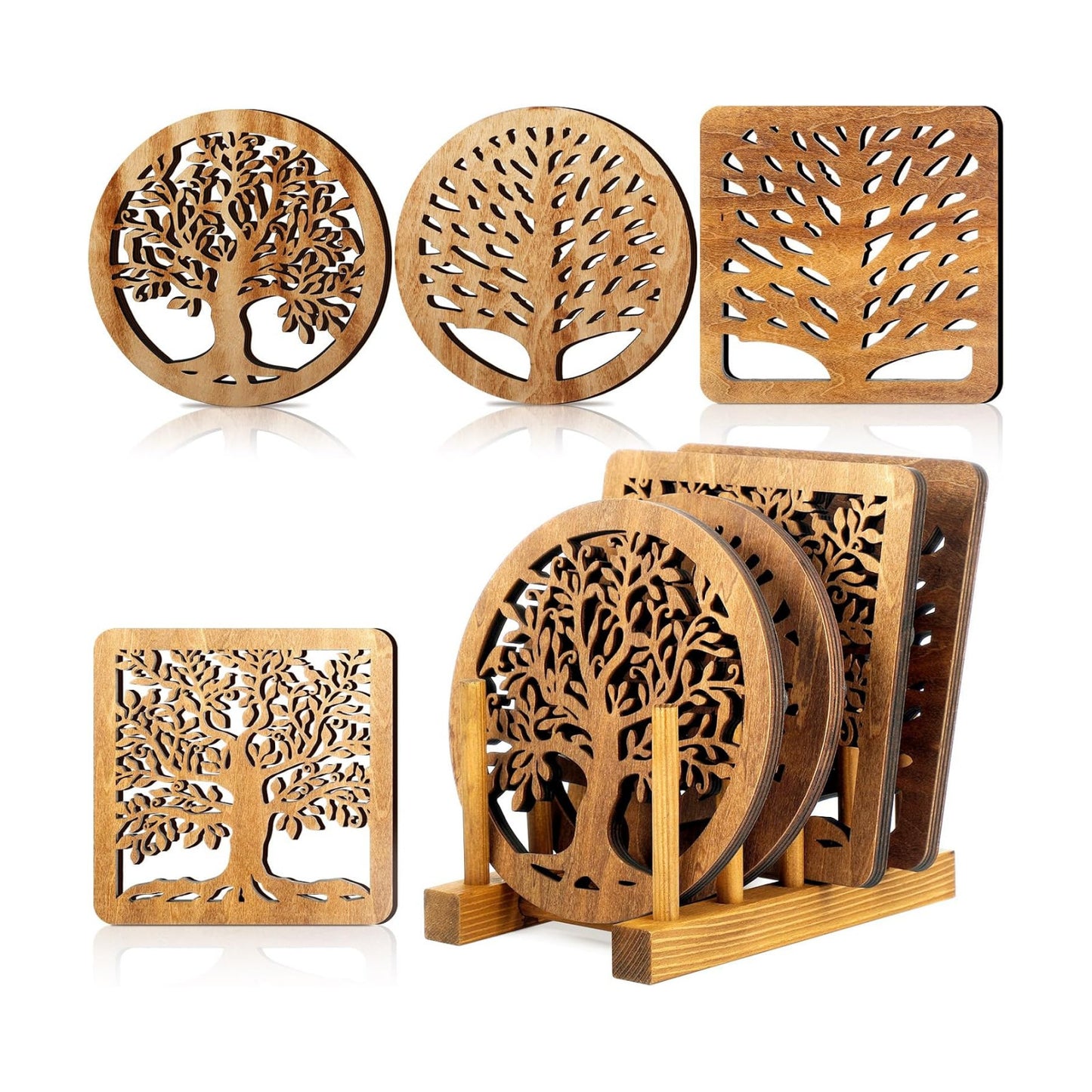 Beeveer 5 Pcs Life Tree Wooden Trivets with Storage Rack Hot Pads Trivets for Hot Dishes Pots and Pans Heat Resistant