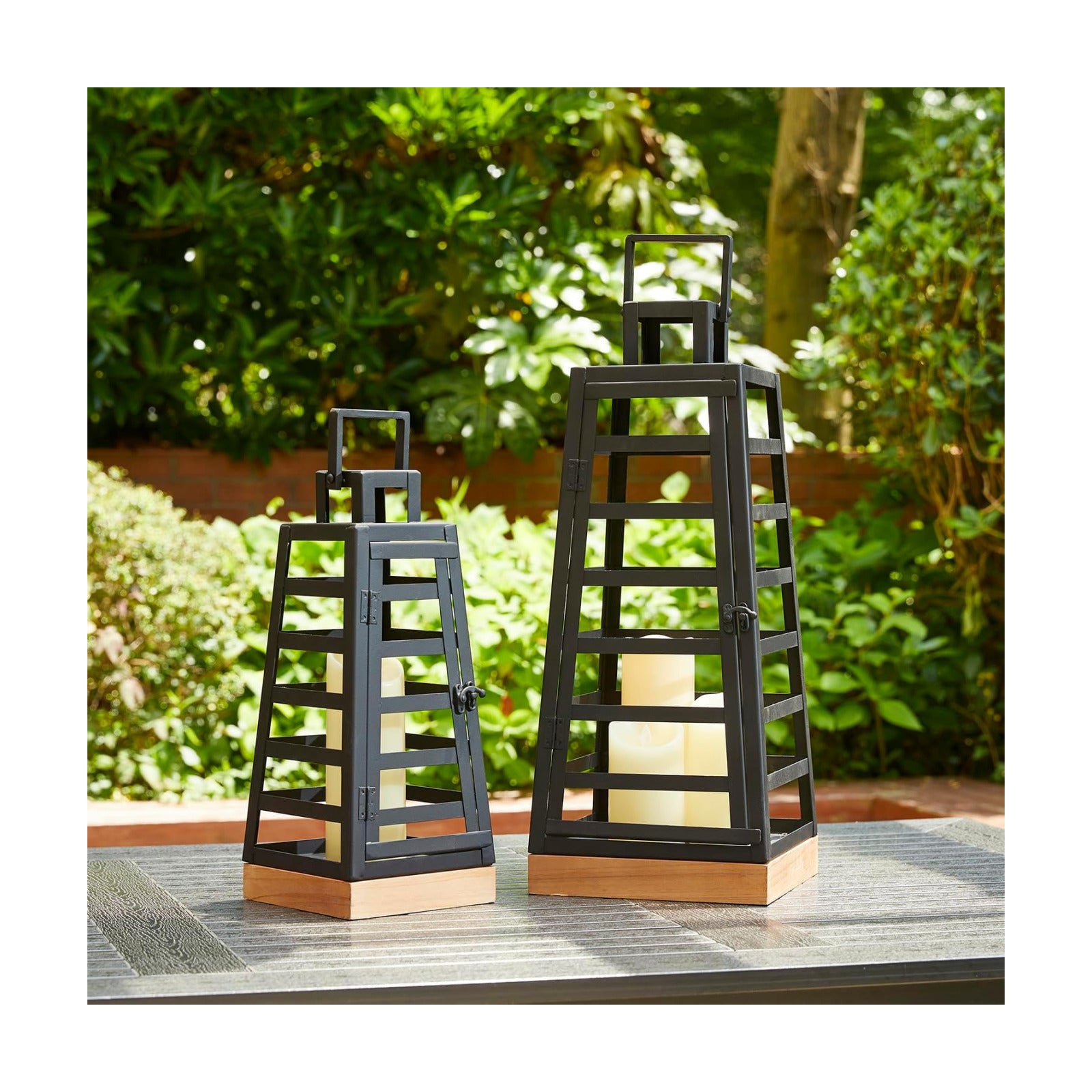 Glitzhome Set of 2 Modern Trapezoid Metal/Wood Hanging Lanterns, Decorative Candle Holder Lanterns for Outdoor & Indoor
