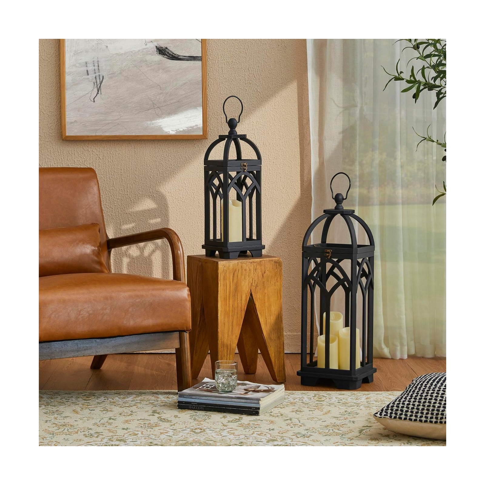 Glitzhome Farmhouse Decorative Lanterns Wooden Candle Lantern, Church Window Wood Frame Lanterns for Wedding Mantle