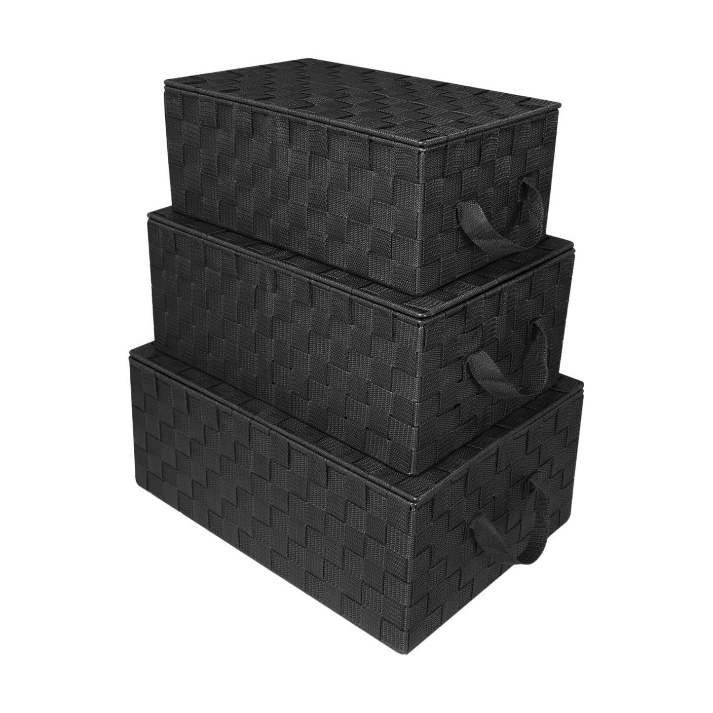 Hand-Woven Storage Baskets / Woven Lid Baskets - Black / Set of 3