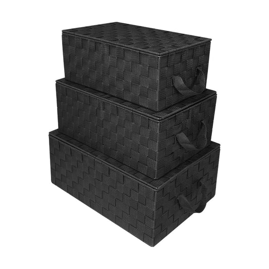 Hand-Woven Storage Baskets / Woven Lid Baskets - Black / Set of 3