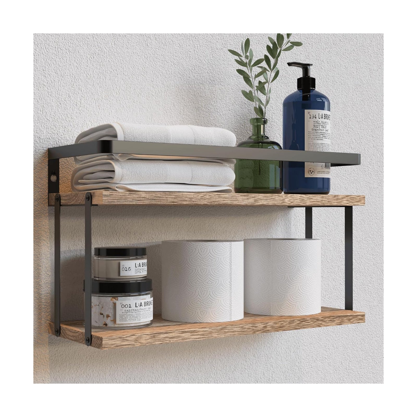 RICHER HOUSE Floating Shelves Bathroom, Wall Mounted Shelf Over Toilet | Dual-Level, with Metal Guard-Rail, Organizers