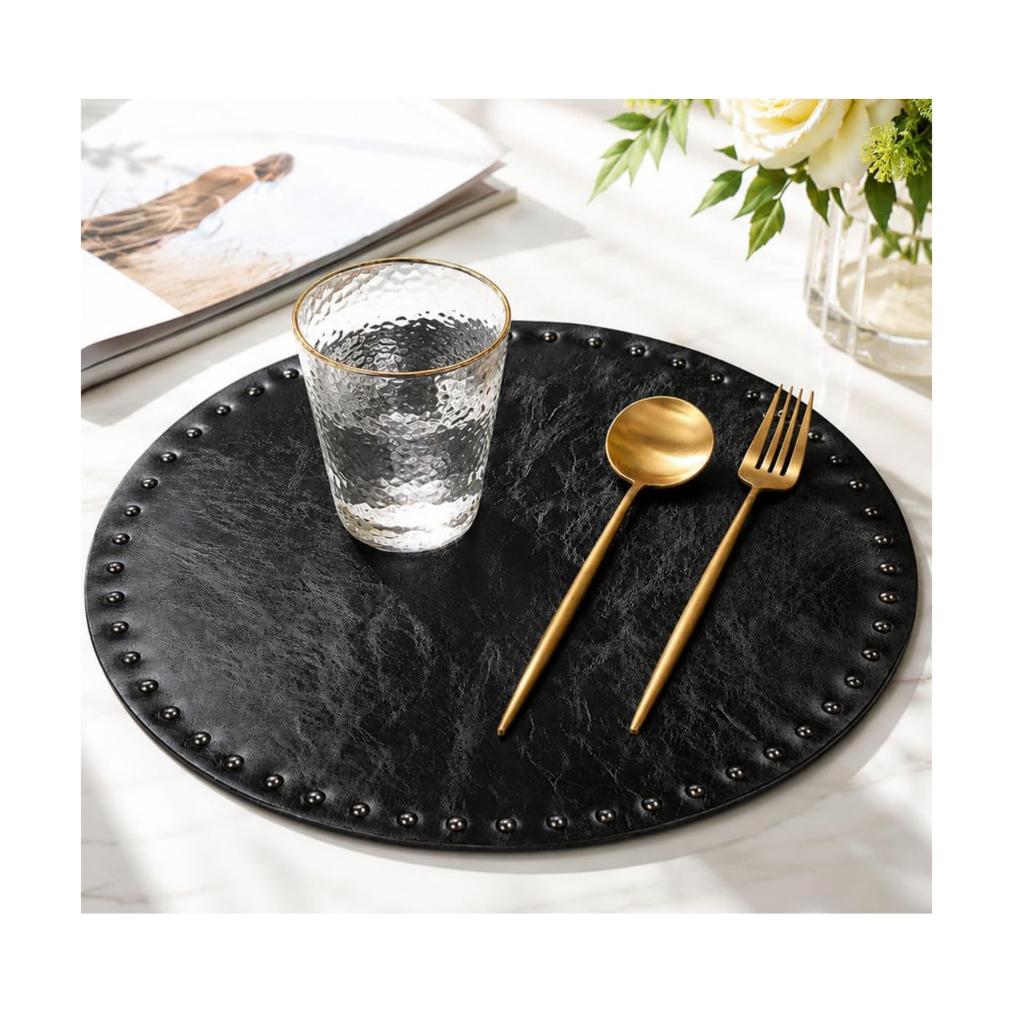 FAVE Black Faux Leather Placemats 13.78 Inches Round Placemat Set of 2 | Heat Resistant Place Mats for Kitchen Table
