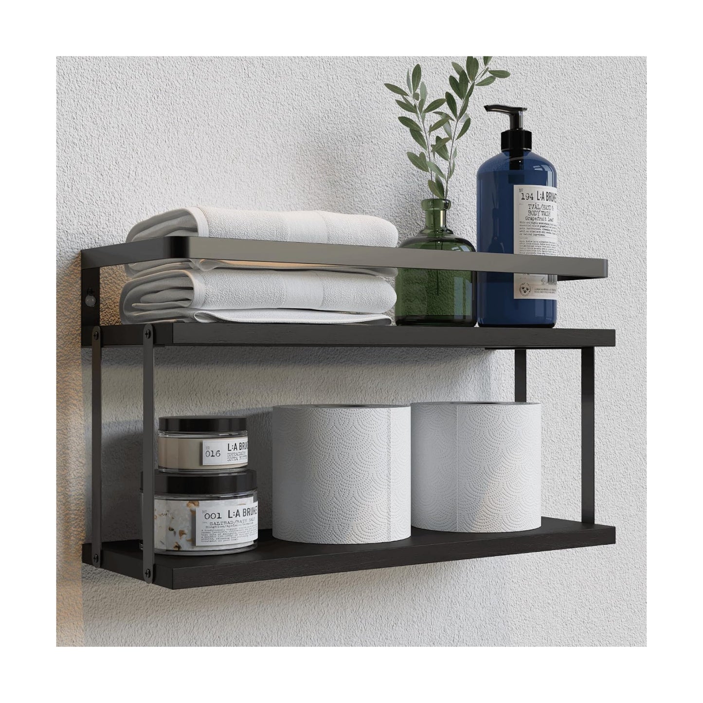RICHER HOUSE Floating Shelves Bathroom, Wall Mounted Shelf Over Toilet | Dual-Level, with Metal Guard-Rail, Organizers