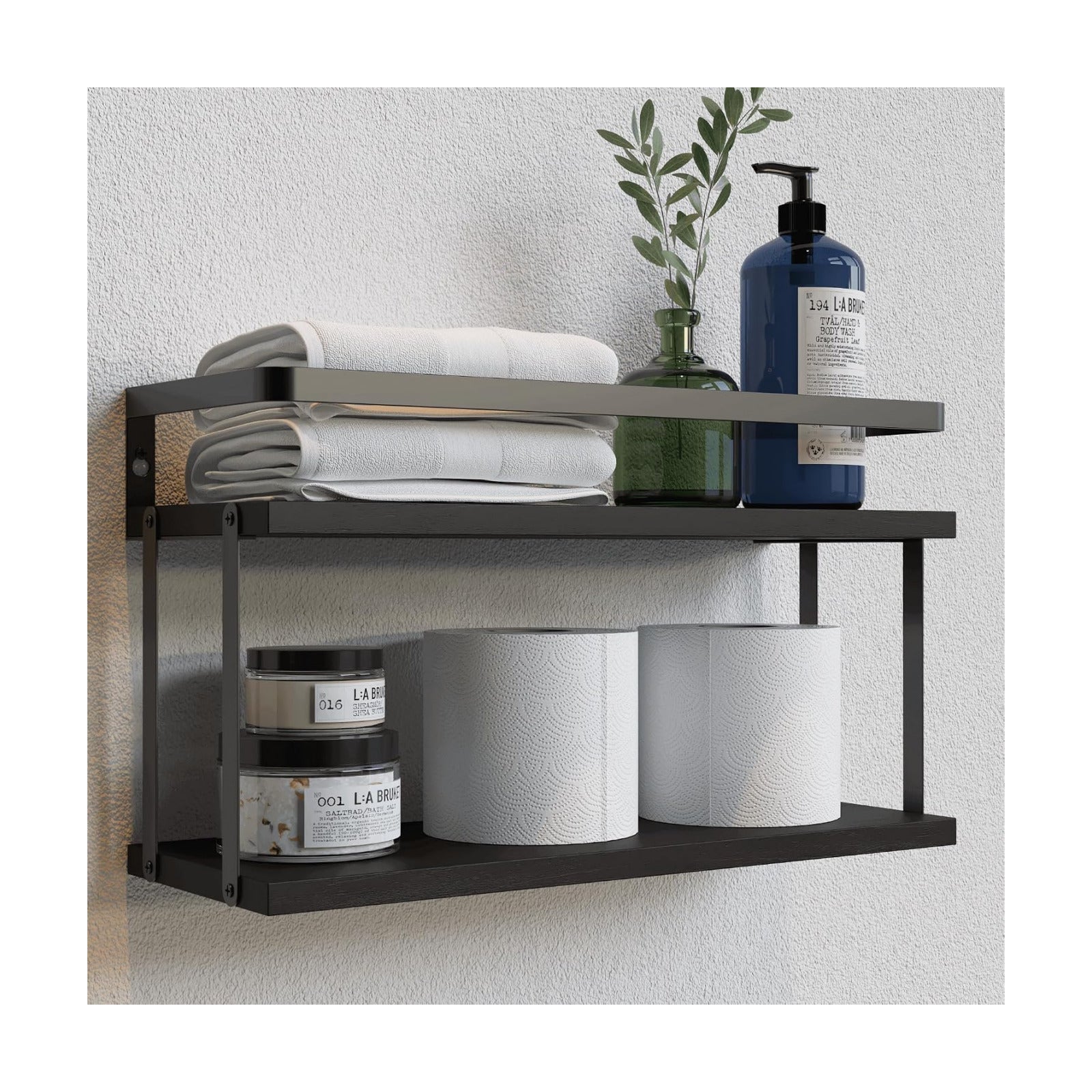 RICHER HOUSE Floating Shelves Bathroom, Wall Mounted Shelf Over Toilet | Dual-Level, with Metal Guard-Rail, Organizers