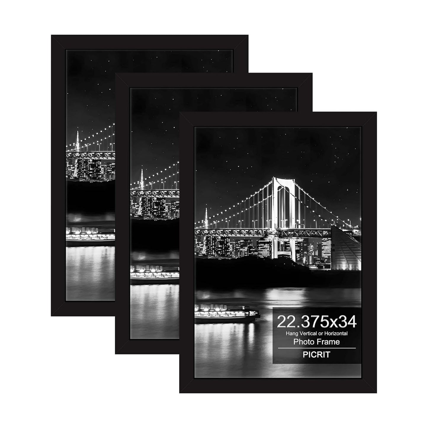 22.375x34 Black Poster Frame, Picture Frame for Wall, 3 Pack | Fits 18x24 Photos With Mat or 22.375x34 Without Mat