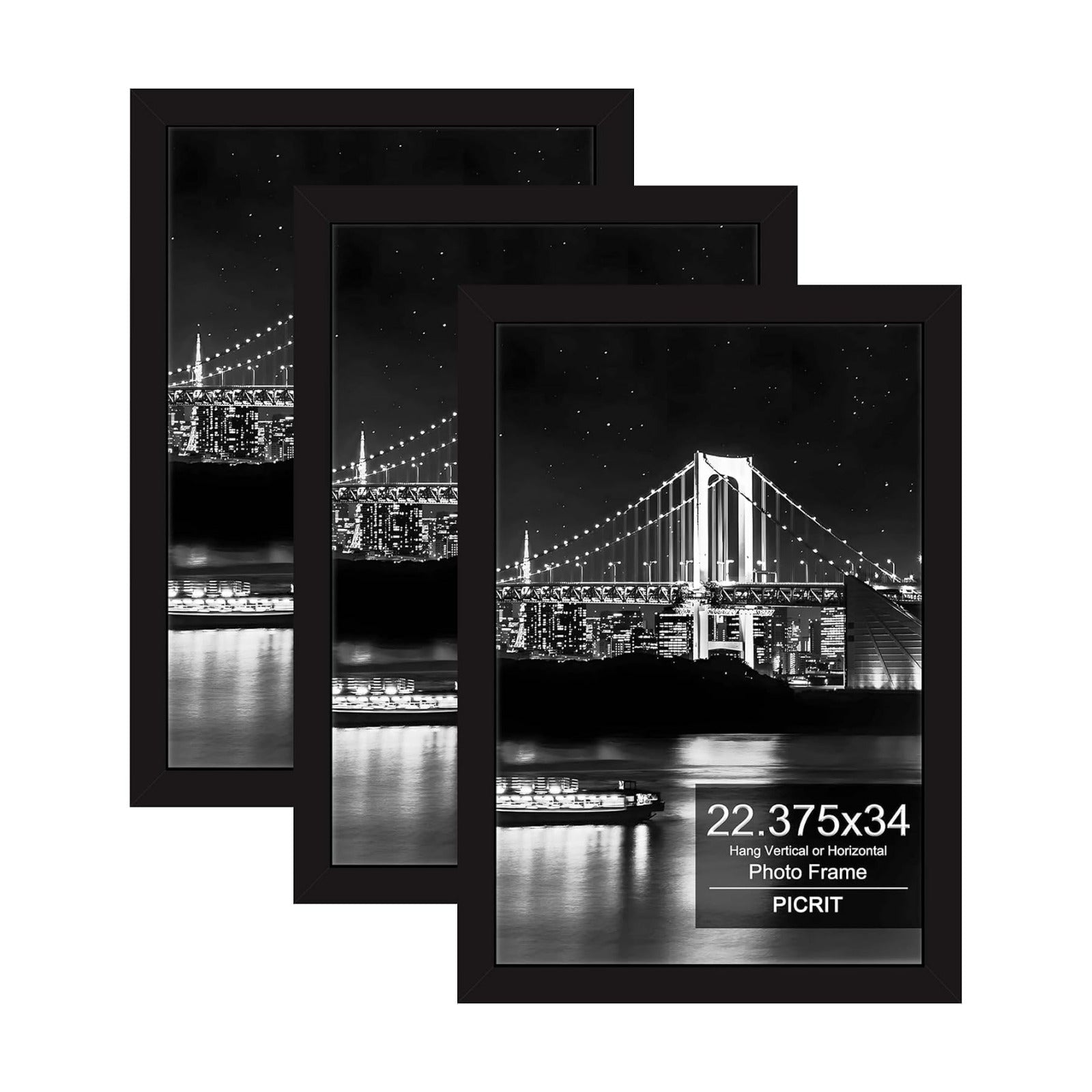 22.375x34 Black Poster Frame, Picture Frame for Wall, 3 Pack | Fits 18x24 Photos With Mat or 22.375x34 Without Mat