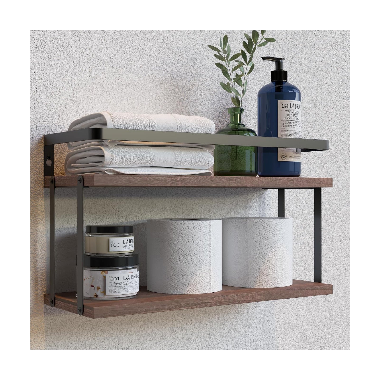 RICHER HOUSE Floating Shelves Bathroom, Wall Mounted Shelf Over Toilet | Dual-Level, with Metal Guard-Rail, Organizers