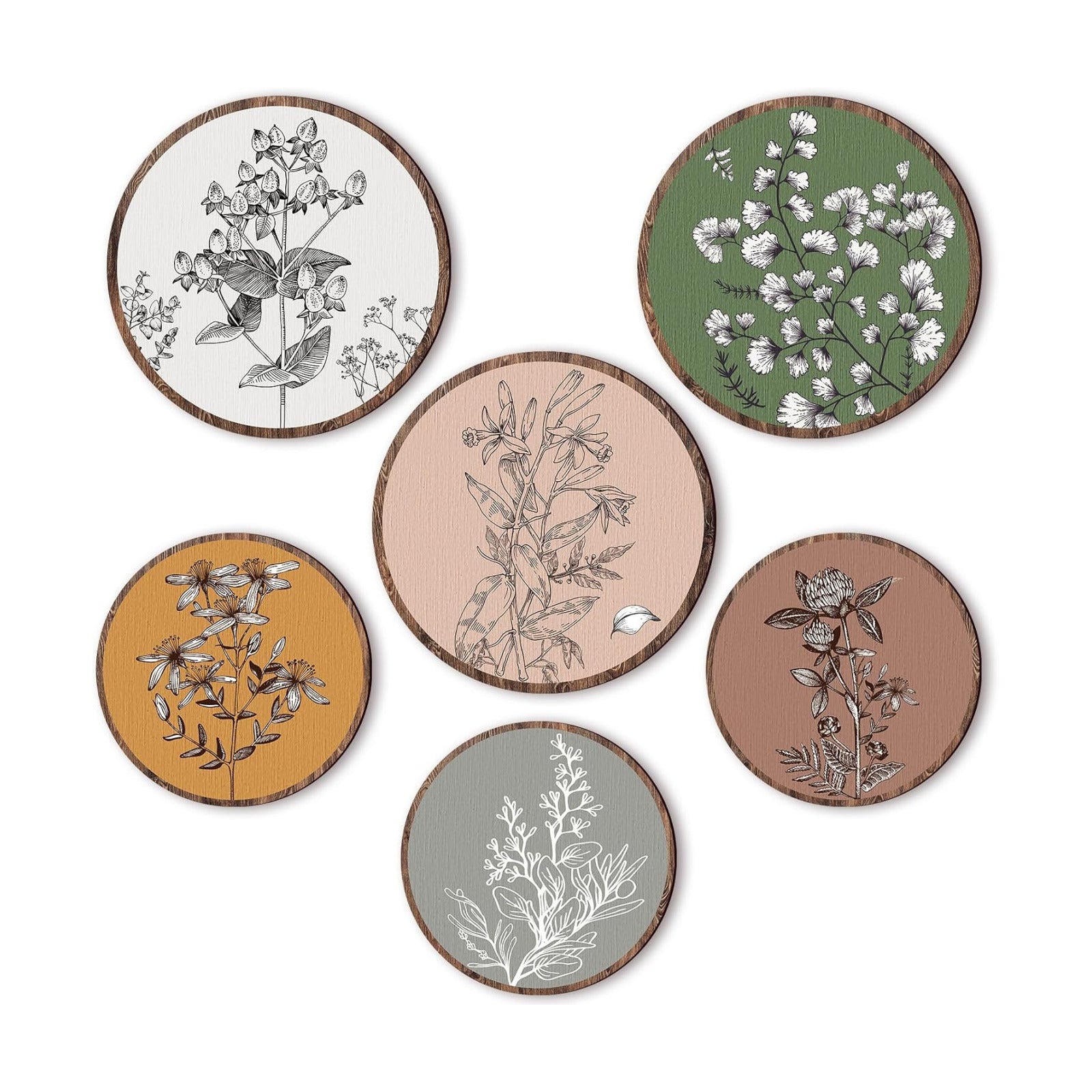 Boho Plant Wall Art Decor Wooden Boho Farmhouse Rustic Bohemian / Retro / 8 Inch, 10 Inch / Set of 6