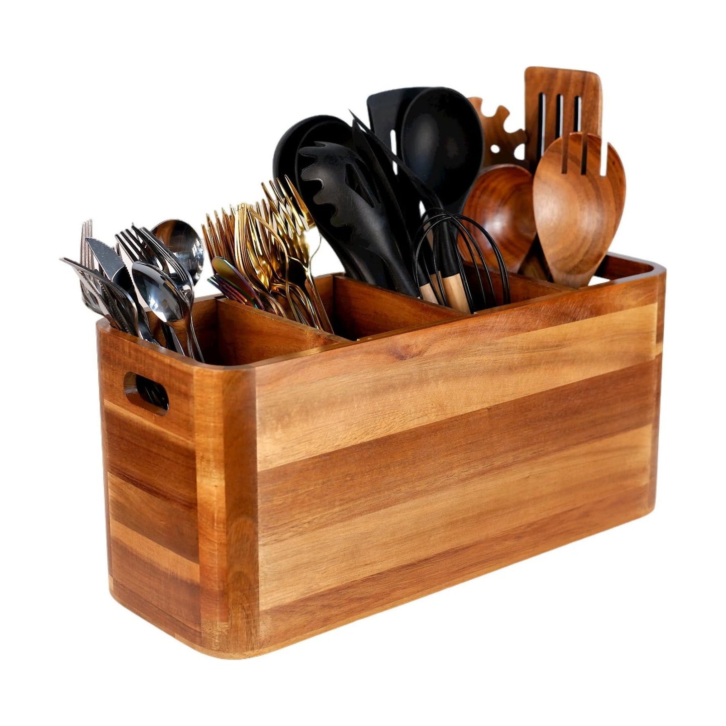 Wooden Kitchen Utensil Holder Organizer for Counter or Countertop, Large Wooden Utensil Holder for Storage Cooking and