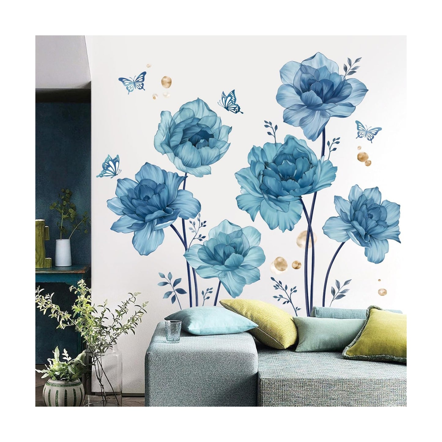Large Flowers Wall Stickers Peony Floral Plants Butterfly Peel and Stick Wall Art Decals / Blue