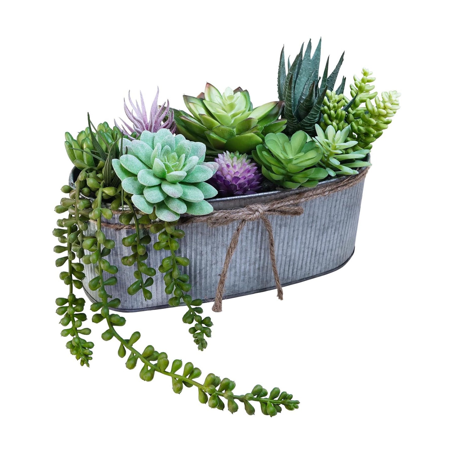 10" Artificial Succulent Arrangement Centerpiece Fake Succulent Plants in Rustic Metal Oval Planter