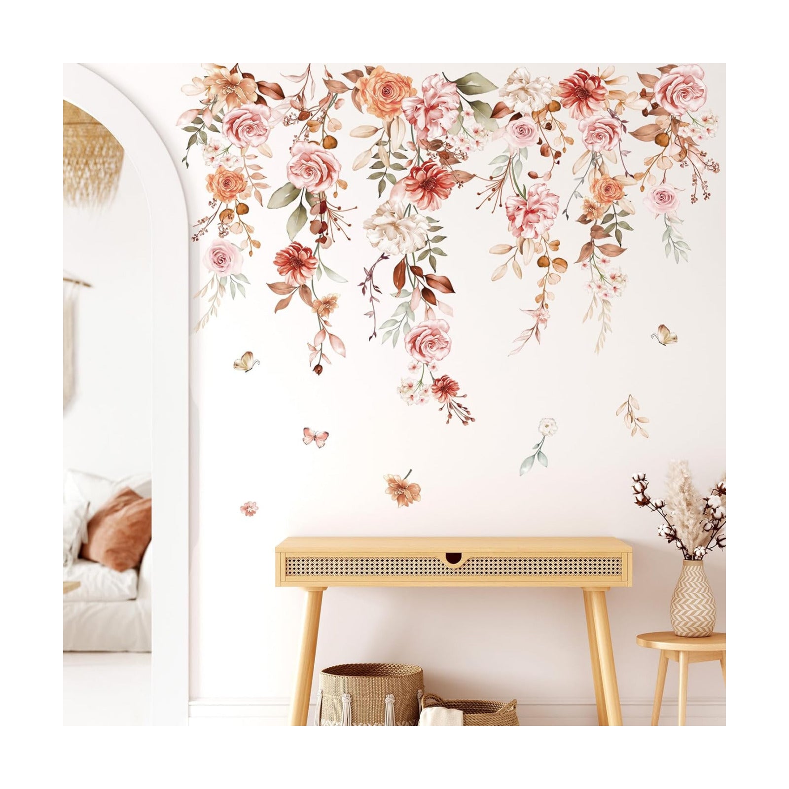Hanging Flower Vine Wall Stickers Boho Floral Leaves Peel and Stick Wall Art Decals
