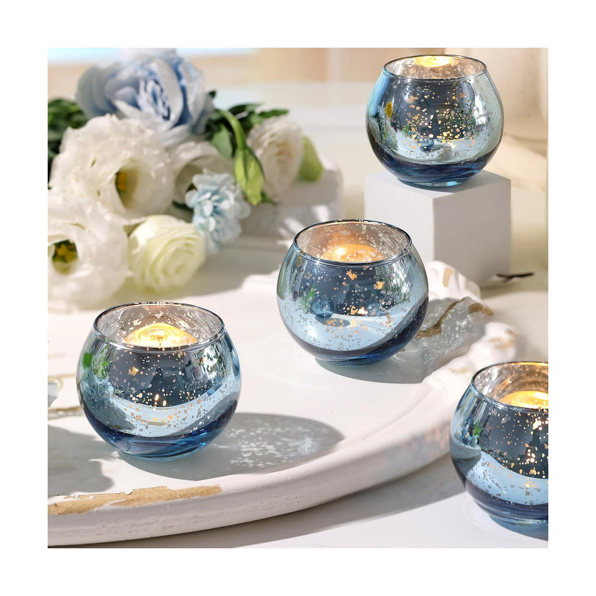 Volens Round Blue Votive Candle Holder Set of 12, Mercury Glass Votives