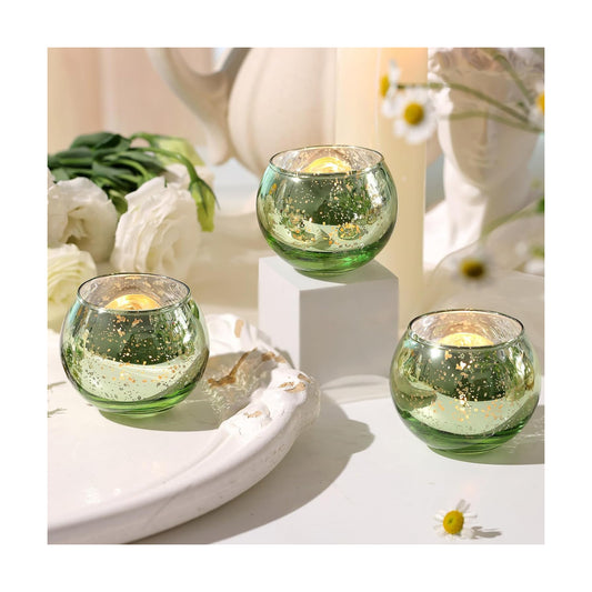 Volens Round Green Votive Candle Holder Set of 12, Mercury Glass Votives