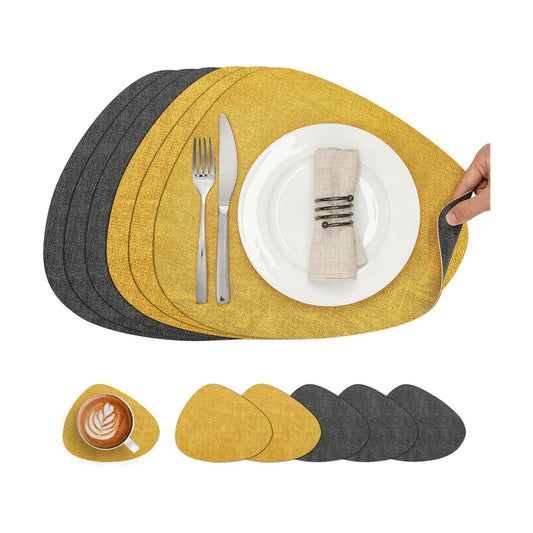 Faux Leather Placemats Set of 6, Dual Sided with Drink Coasters | Washable Wipeable Place Mats, Non Slip Heat Resistant