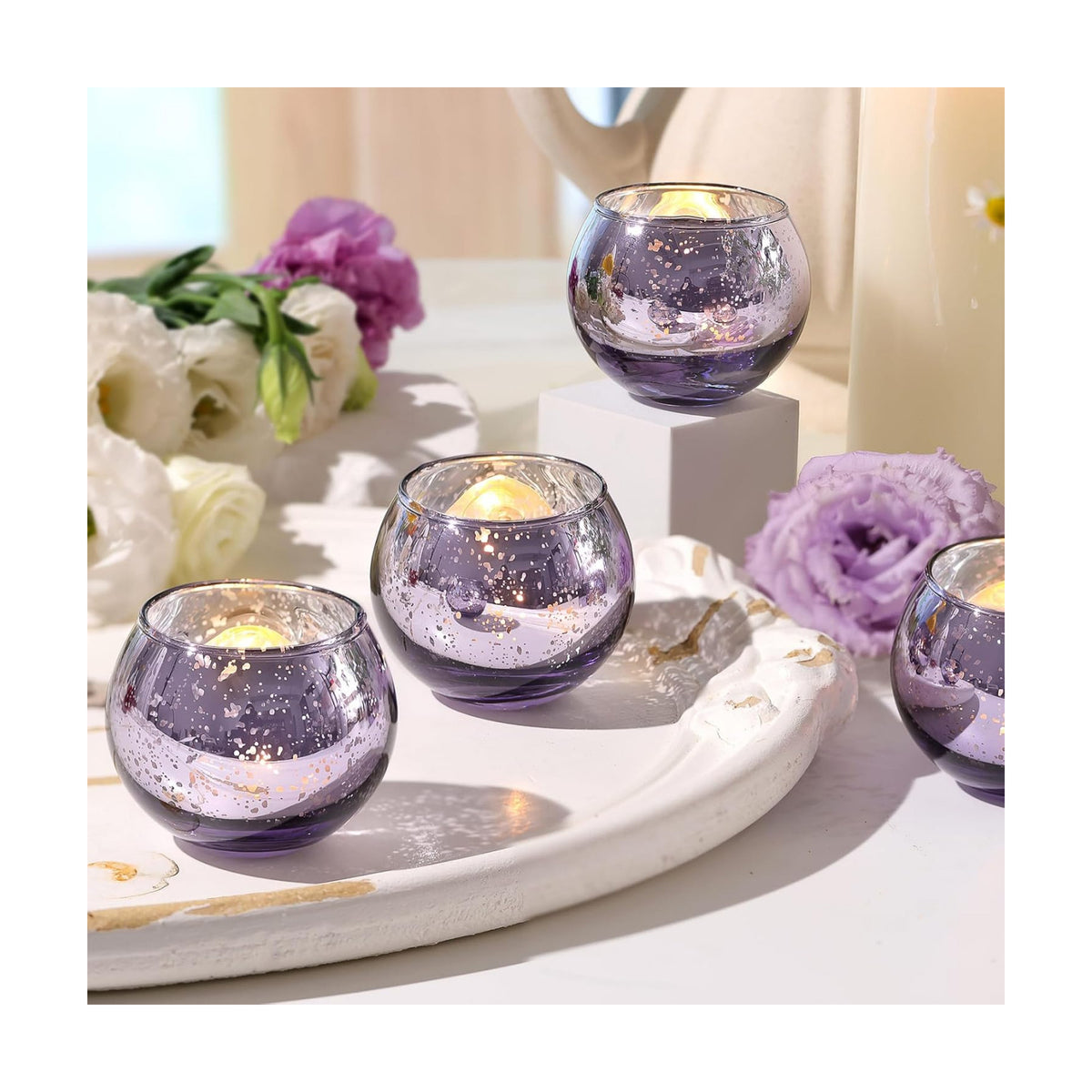 Volens Round Purple Votive Candle Holder Set of 12, Mercury Glass Votives