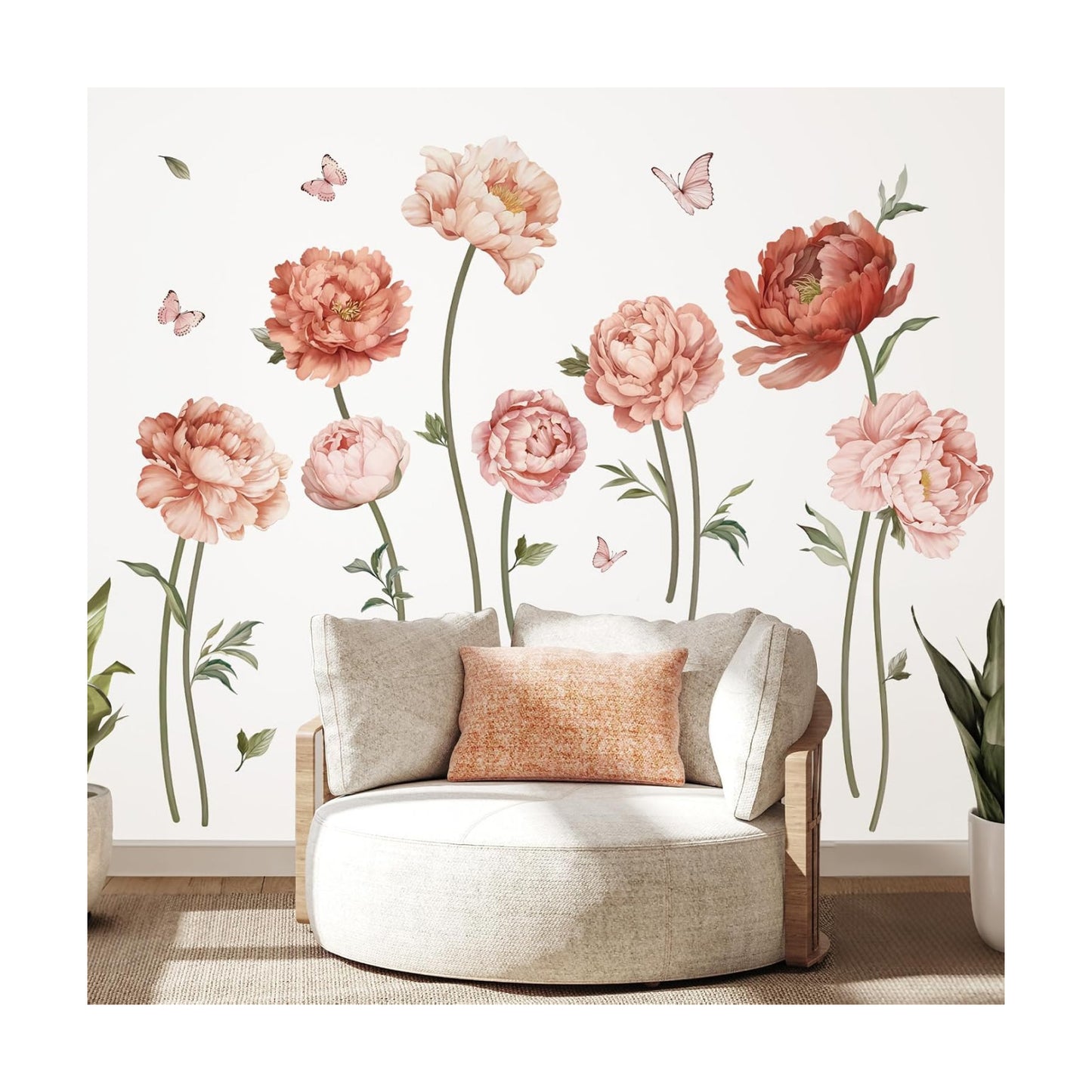 Peony Rose Flower Wall Stickers Boho Floral Peel and Stick Wall Art Decals for Girls Bedroom / Pink