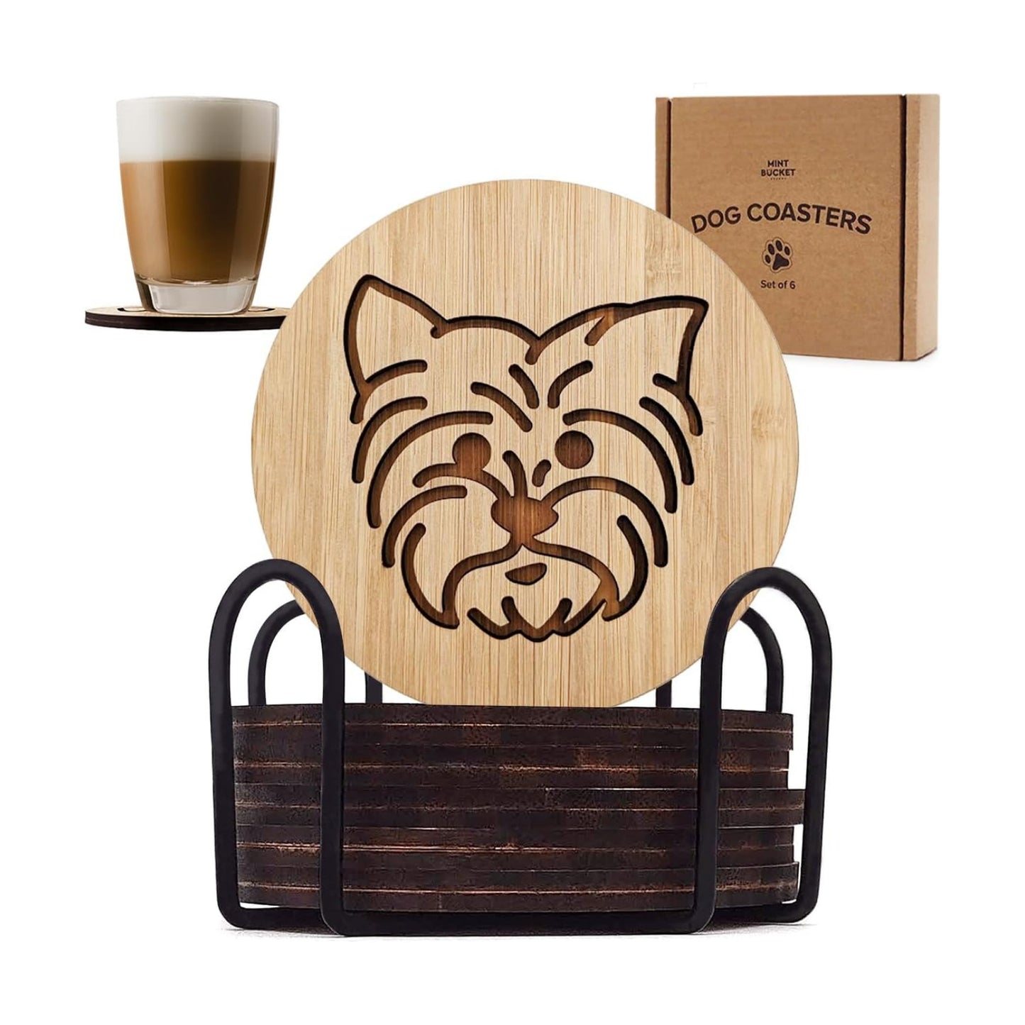 Iron Holder / Bamboo Laser-Engraved Fun Dog Coasters / Yorkie / 3.9 Inch / Set of 6