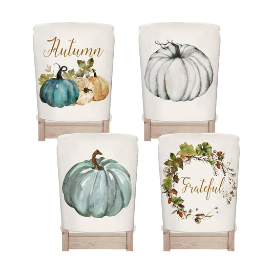 JarThenaAMCS 4Pcs Fall Chair Covers Watercolor Cyan Pumpkin Seat Back Covers Washable Autumn Dining Chair Slipcover Protector for Thanksgiving Home Kitchen Decor
