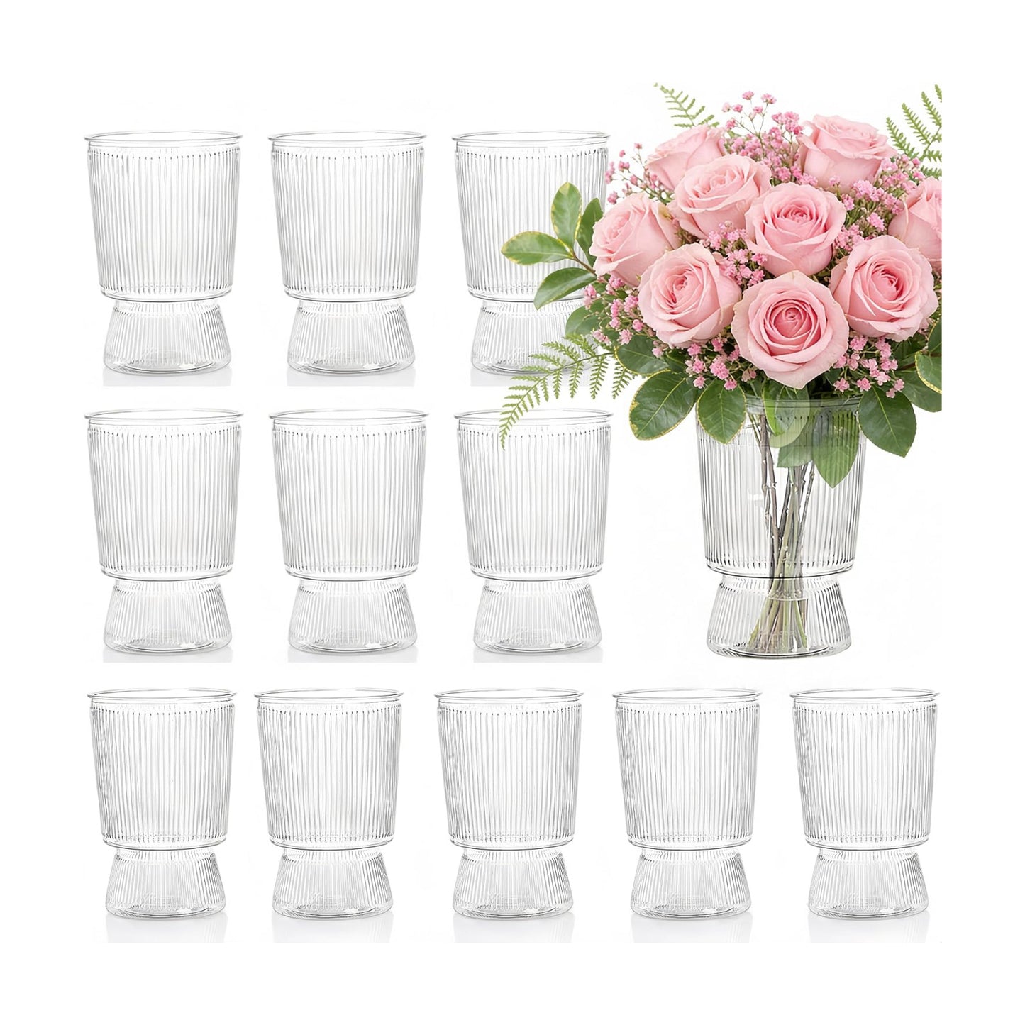 6.3" Small Ribbed Fluted Glass-Like Vase / Clear / Set of 12