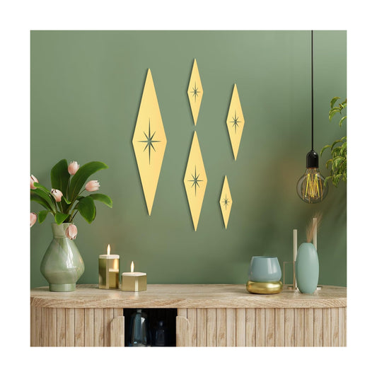 Mid Century Modern Decor Midcentury Vintage Style Starburst Metal Wall Art / Gold / Set of 5