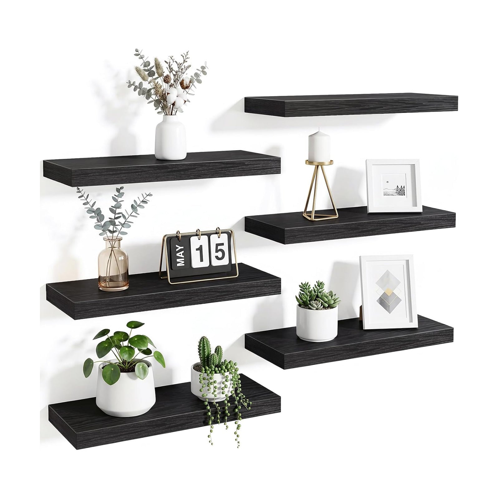 Fixwal Floating Wall Shelves for Decor (Black, Set of 6, 15.7 Inch)