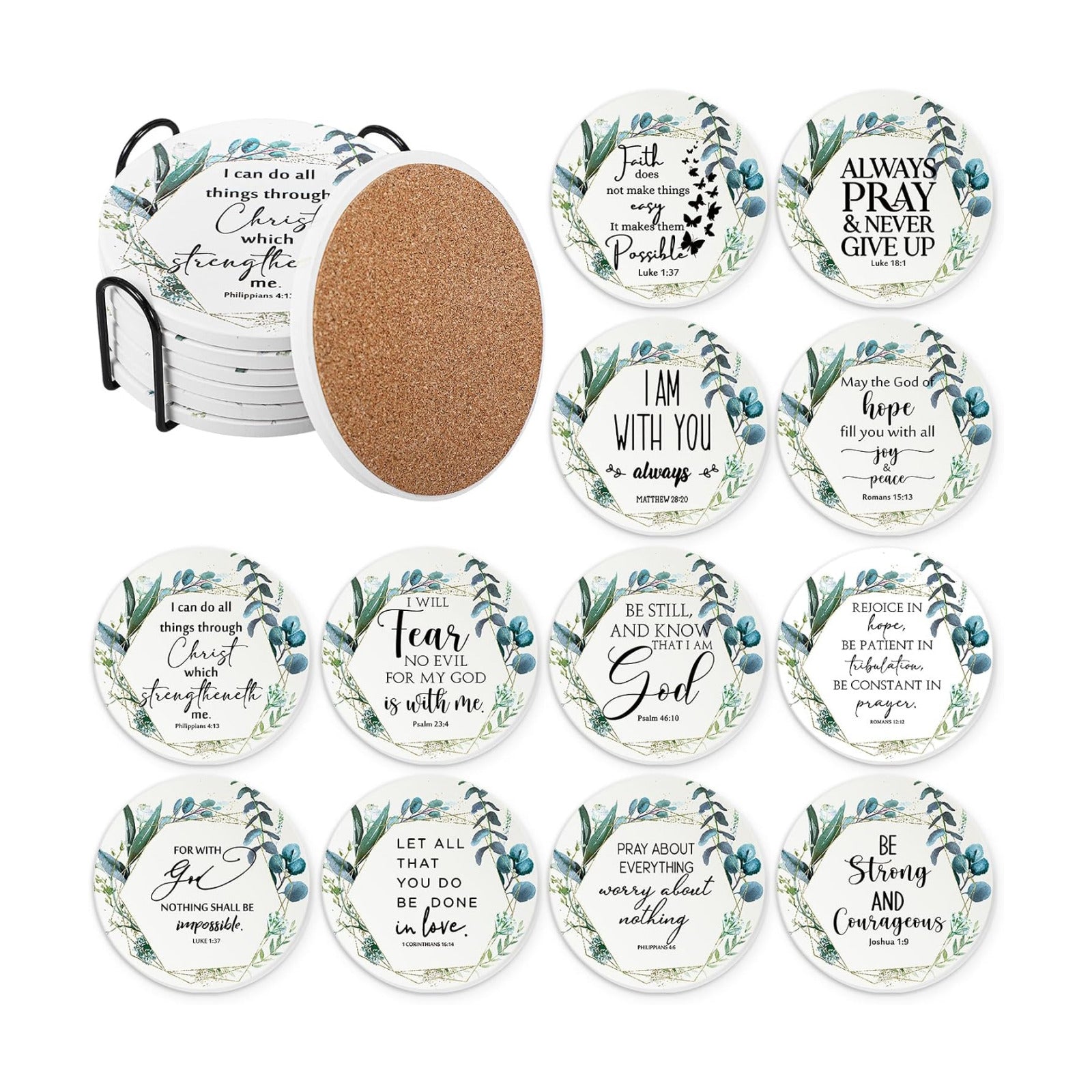 Christian Coasters Bulk for Church Religious Bible Verse Ceramic Cork / Leaf Style / Set of 12