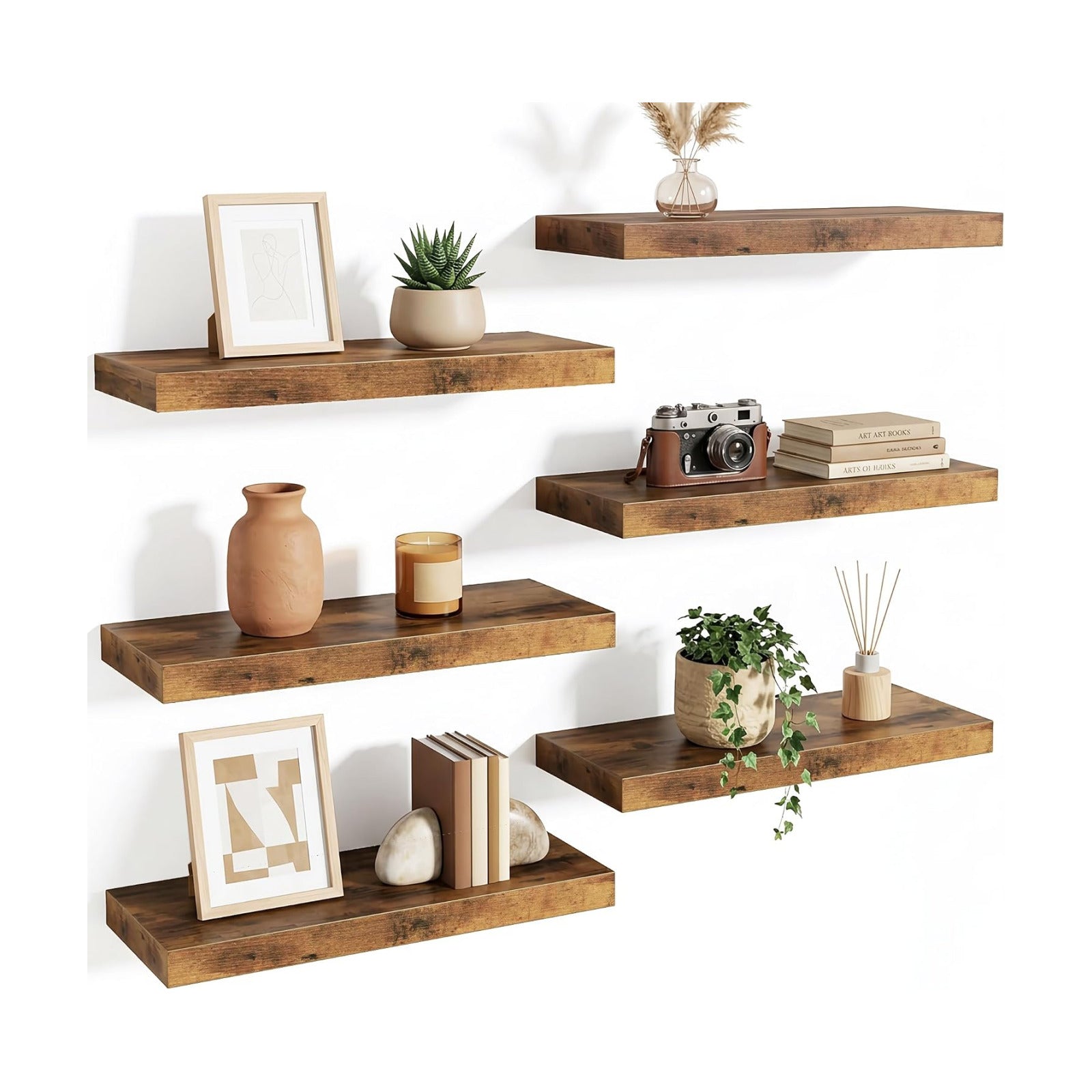 Fixwal Floating Wall Shelves for Decor (Rustic Brown, Set of 6, 15.7 Inch)
