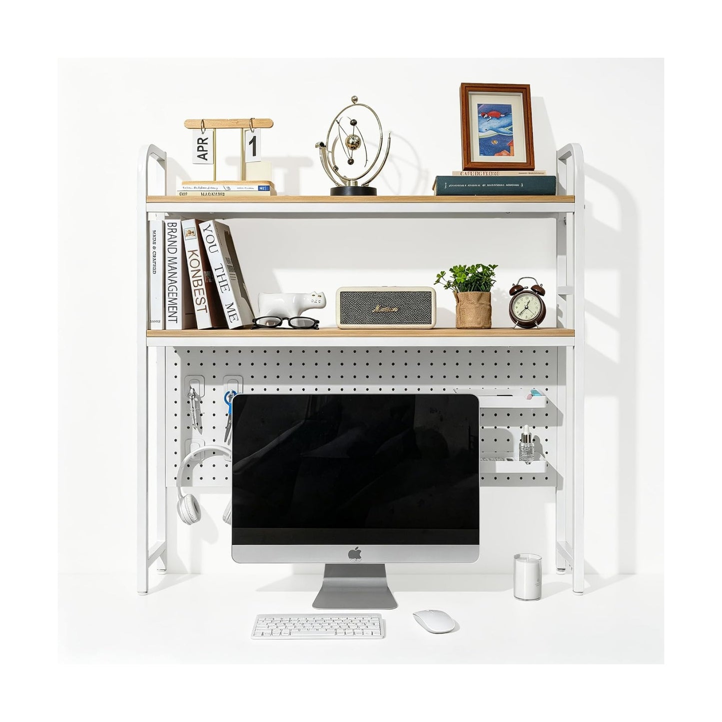 deli Desktop Shelf, Desk Hutch with Metal Pegboard, White | 2-Tier Desktop Display Rack With 4 Accessories