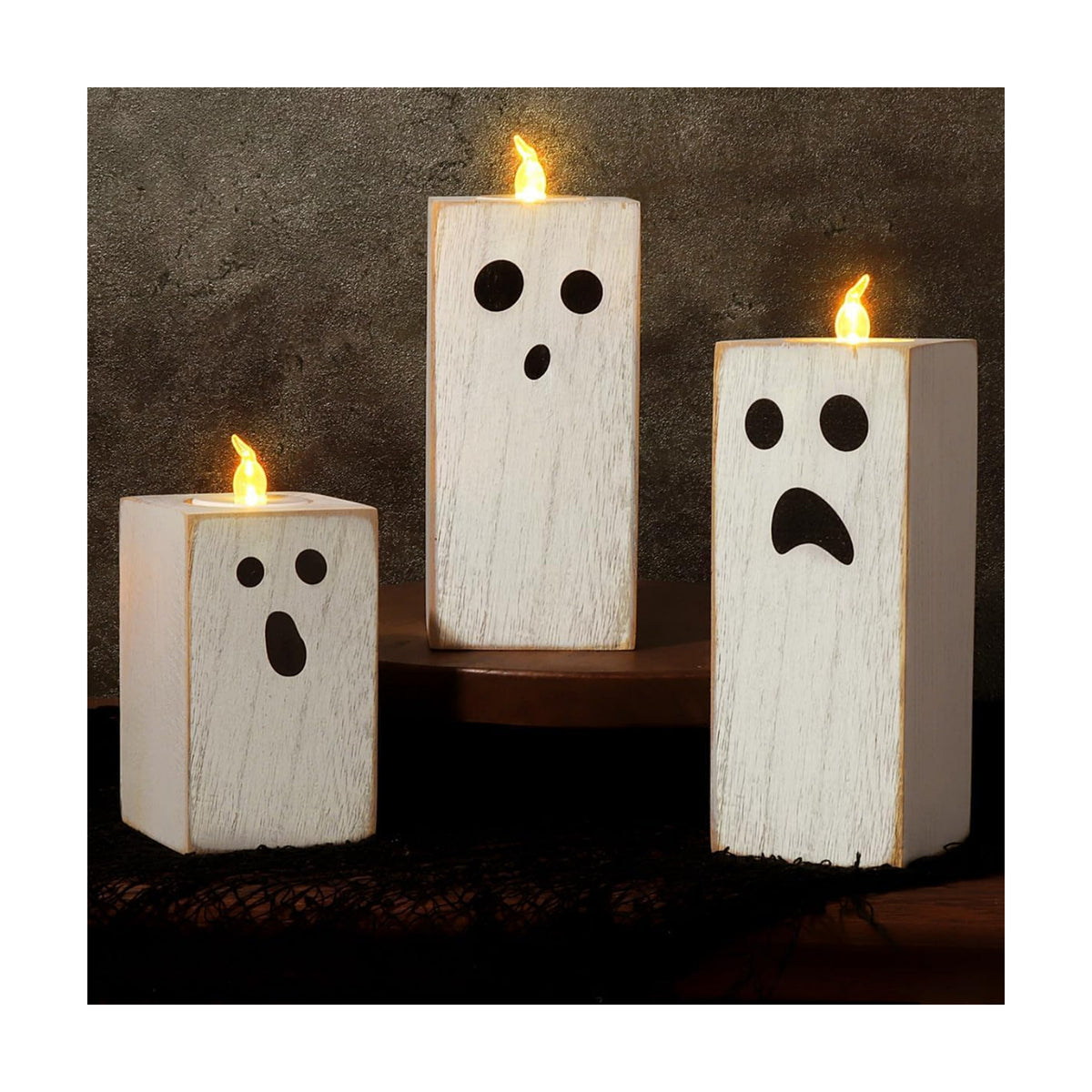 Halloween Decorations: 3pcs Cute White Ghost Decor, Farmhouse Wooden Ghost Sign with Flameless LED Tea Lights, Rustic Room Decor for Kids Home Office School Desk Fireplace