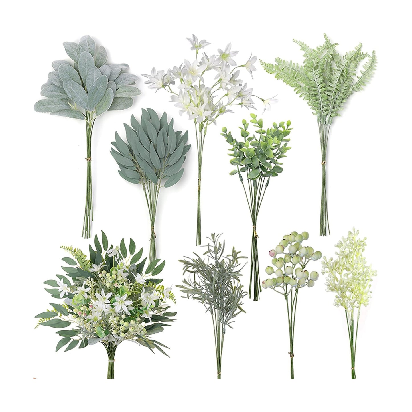 8 Kinds of Faux Plants and Fake Flowers for DIY Bridal Bouquets / Sage Green & White / Set of 70