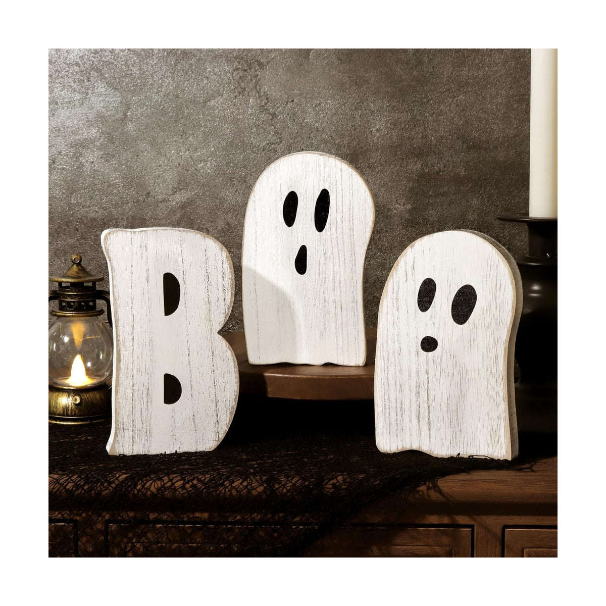 Halloween Table Decorations Indoor: 3pcs Farmhouse Halloween Cute Ghost Decorations, Mini Black White BOO Wood Plank Signs, Rustic Tiered Tray Decor Wooden Ghost Desk Office Decor for Home Kids