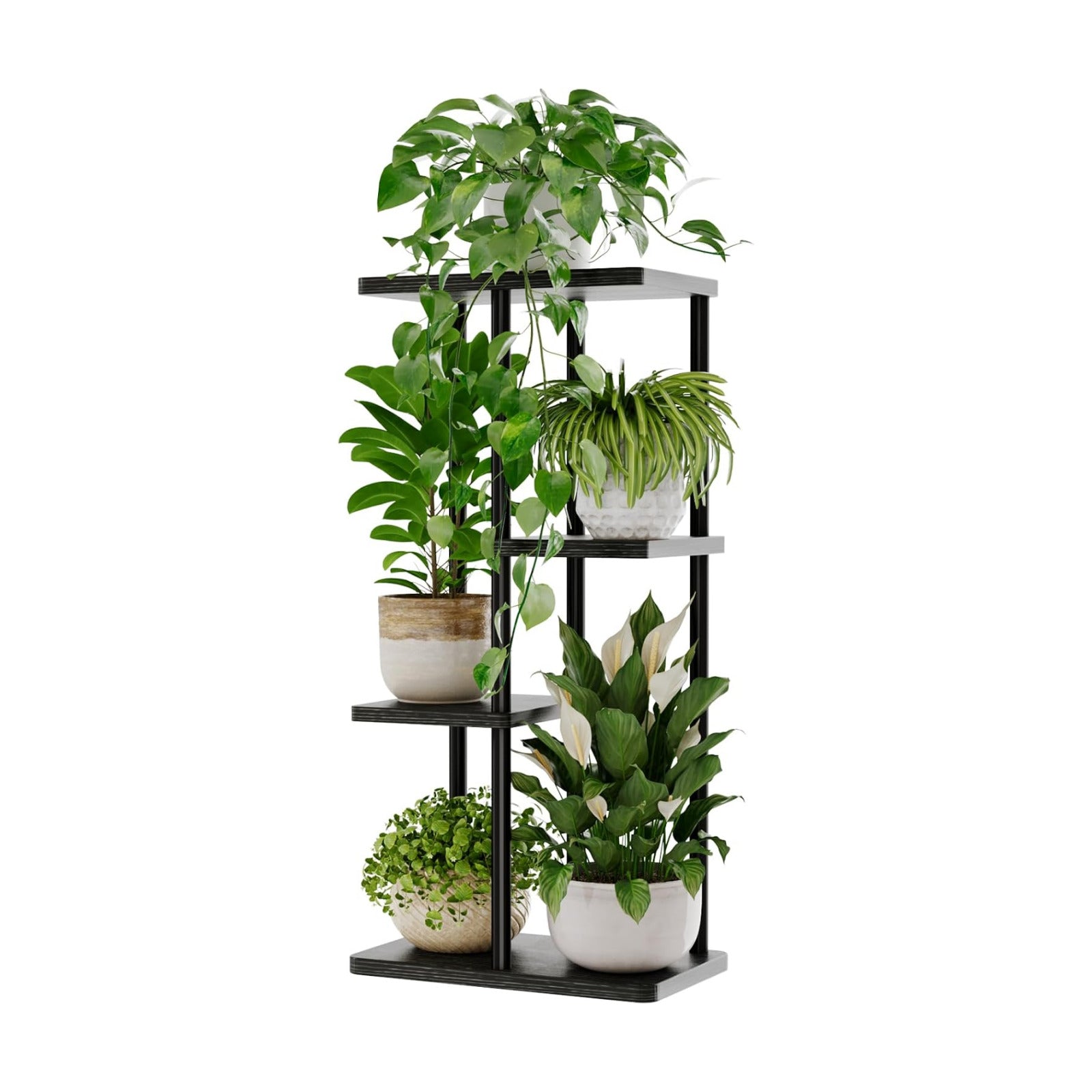 Bamworld Plant Stand 4 Tier Corner Metal Shelf Black | Tiered shelf displays multiple plants in living rooms, bedrooms