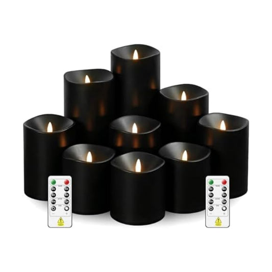 Sasigeiaa Flameless Candles with Remote - 9 Pack Battery Operated LED Candles, Realistic Fake Candles (D3 x H3/4"/5"/6"/7" Assorted, Black) for Wedding Centerpieces, Home Decor, Party