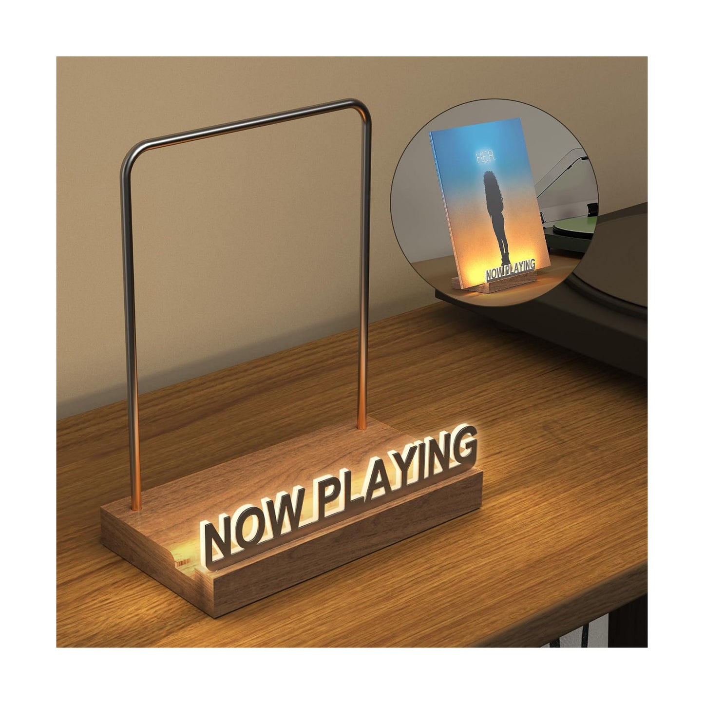 Now Playing Vinyl Record Stand, Light Up Vinyl Record Display Stand, Holder for Album Display Storage, Warm White Light